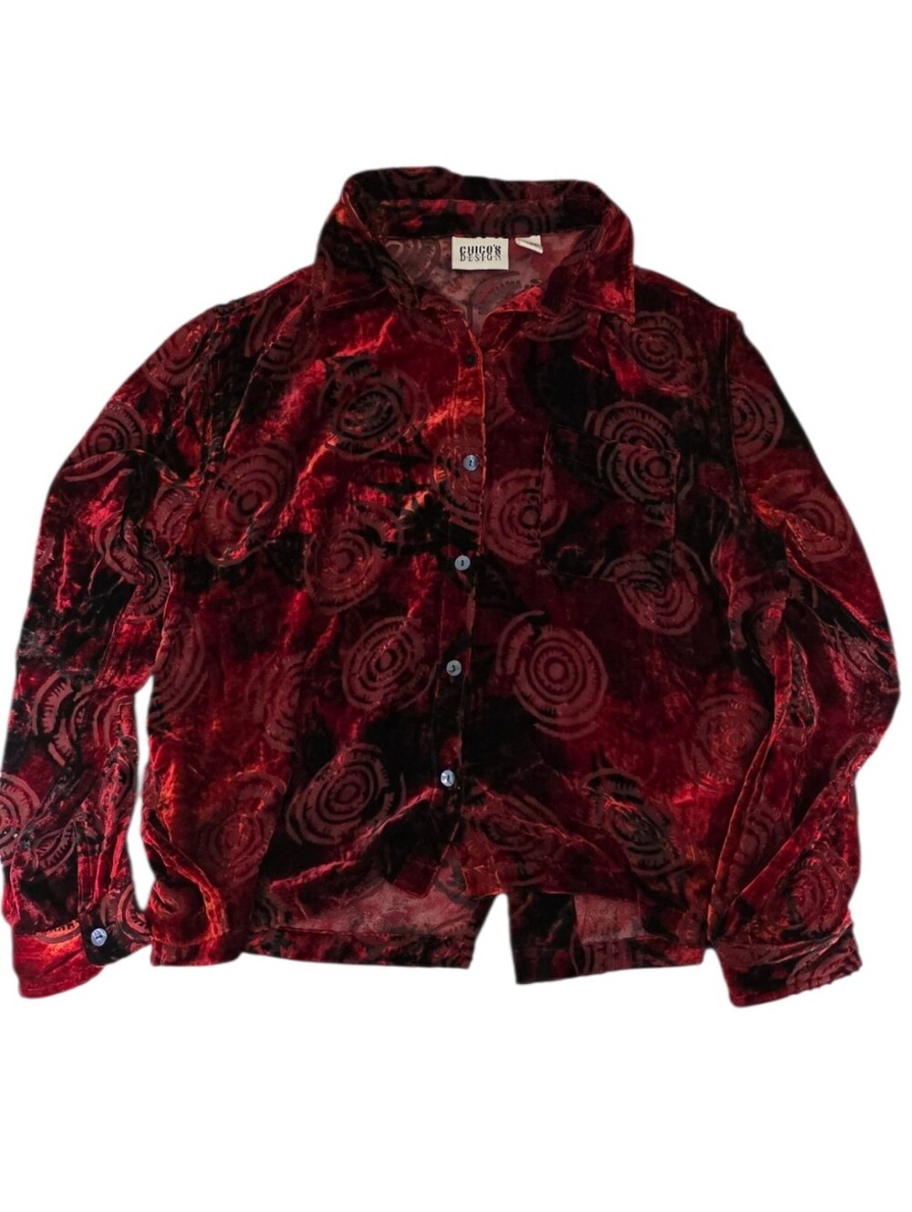 Vtg Chicos Design Silk Rayon Velvet Burnout Spiral Button Down Shirt Size 2